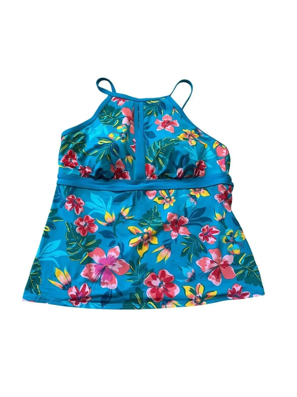 Lands End Womens 18L Keyhole High Neck Tankini Top Tropical Floral Blue Tall